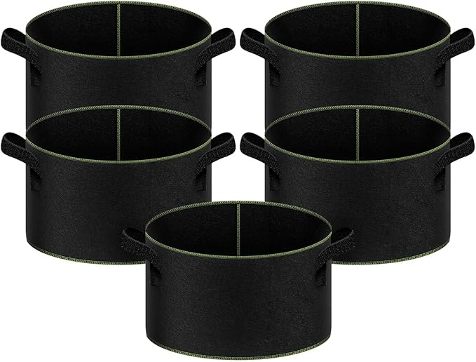 iPower 15-Gallon 5-Pack Grow Bag Thickened Nonwoven Fabric Pots Heavy Duty Aeration Container with Strap Handles for Garden and Planting Vegetable Flowers, Black with Green Stitch Sewing