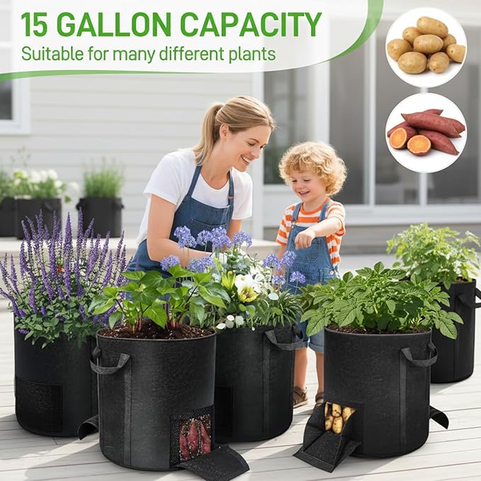 Potato Grow Bags 2PCS 15 Gallon Grow Bags with Harvest & Visible Windows Nonwoven Fabric Potato Planter with Handle for Taro, Beets, Carrots, Onions Fabric for Growing Potatoes