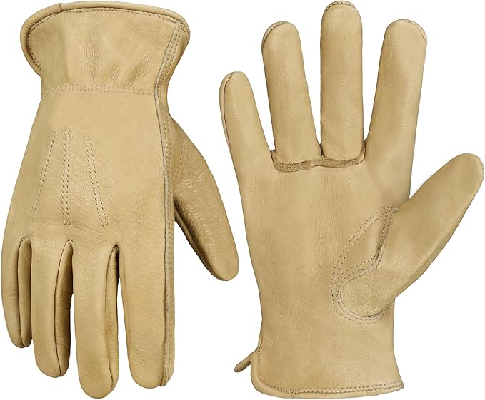 HANDLANDY Men Leather Gardening Gloves, Utility Work Gloves for Mechanics, Construction, Driver