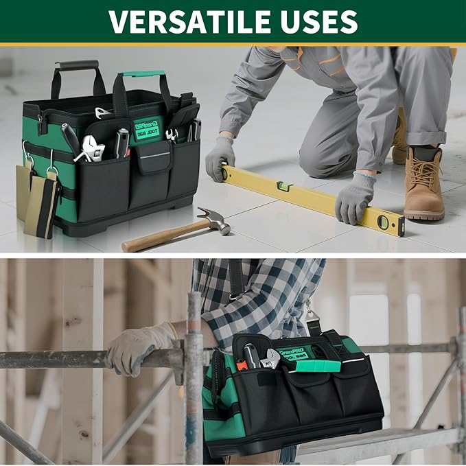 Heavy Duty Tool Bag 18Inch, 18-Pocket Molded Bottom Toolbox Organizer Portable Waterproof, Upgraded Handle Tool Bag for Mechanics, DIY, Valentines Day Gifts for Him Dad Men