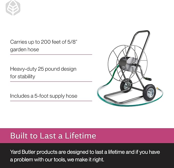 Yard Butler Hose Reel Cart with Wheels Heavy Duty 200 Foot Metal Hose Reel Suitable for Gardens, Lawns and Outdoor - IHT-2EZ