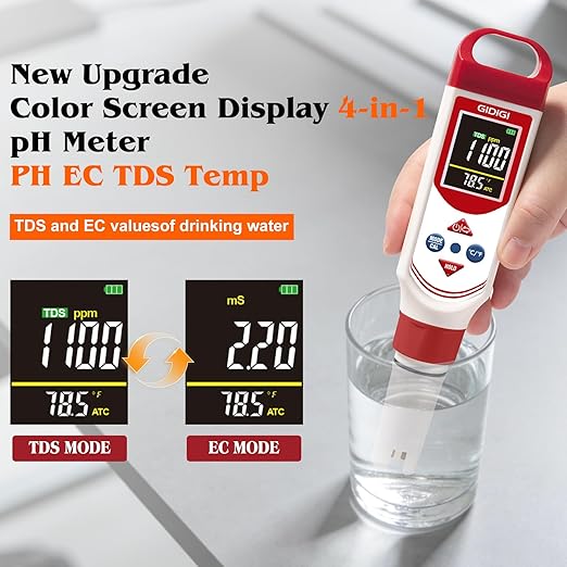 pH EC Meter for Hydroponic, Digital pH TDS EC ppm Tester with Color Screen Display, High Accuracy pH Pen Probe for Drinking Water, Nutrient Solution, Aquariums, Pools & Home Use