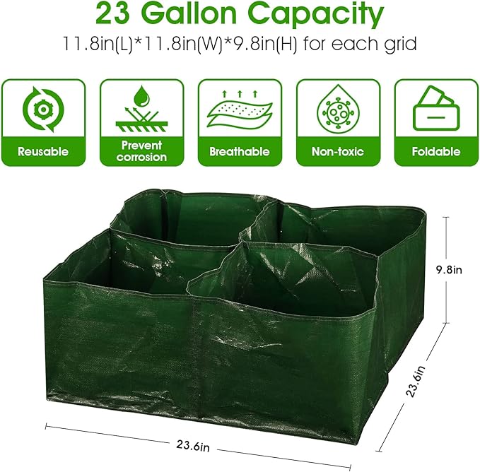 iPower PE Garden Planting Bed 23-Gallon Heavy Duty Plastic Raised Plant Grow Bag with 4 Partition Grids Potato Tomato Square Planter Pots Containers, for Vegetables, Fruits, Flowers, Herbs