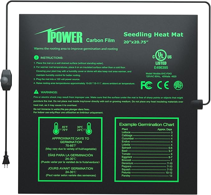 iPower 20" x 20.75" Seeding Heat Mat with Thermostat Temperature Adjustable Knob Durable Warm Hydroponic Plant Germination Starting Pad, Black
