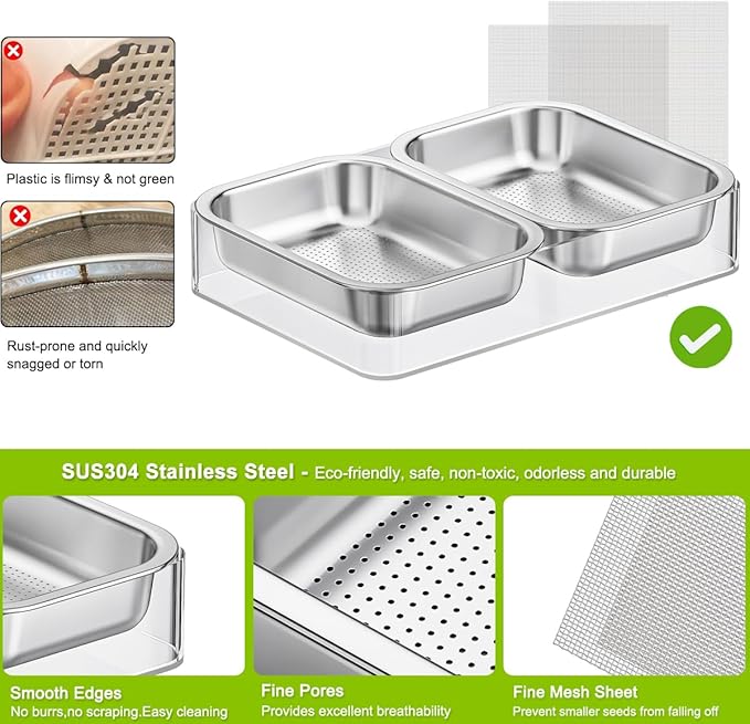 FANHAO Upgraded Visual Seed Sprouter Tray, Stainless Steel Soil-Free Cultivation Germination Tray with Acrylic Base, Healthy Microgreens Growing Kit for Indoors Sprouting Seeds, Grow Grass, Beans