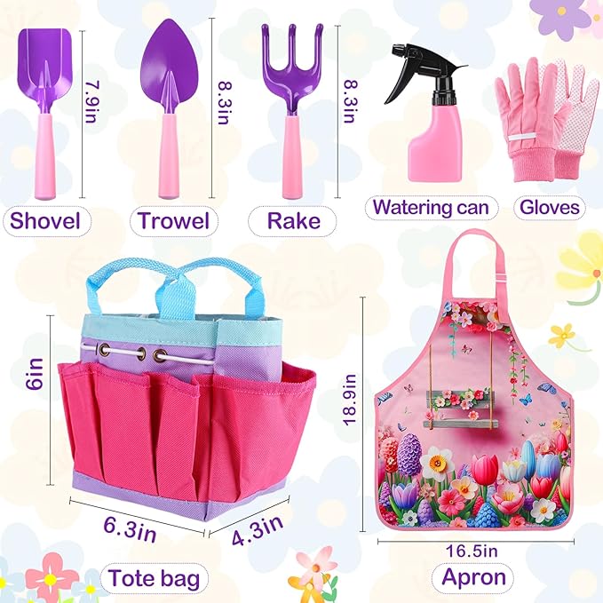 Kids Gardening Tool Set - Garden Tools for Kids with Shovel Trowel Rake Apron Gloves Watering Can and Tote Bag, Outdoor Toys Great Gifts for 3 4 5 6 7 8+ Years Old Girls (Flower Style)