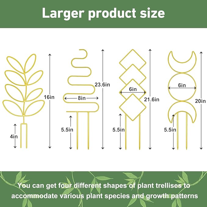Larger 23inch Plant Trellis for Climbing Plants Indoor, Trellis for Potted Plants with Ties, Metal Climbing Plant Support for Houseplant Flower Pothos Trellis, 4 Different Panels, Pale Gold