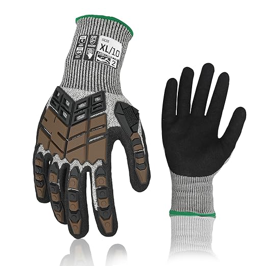 Safety Work Gloves, Impact Gloves for Men Women, Cut Resistant Non-Slip Heavy Duty Gloves with Nitrile Grip, Touch Screen Glove with Impact Protection for Mechanic Construction, X-Large, Brown