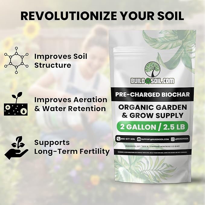 BuildASoil Pre-Charged Biochar Organic Soil Amendment for Plants, No-Till Friendly, 2–5% Mix Rate, Clay Soil Conditioner with Organic Perlite & Horticultural Charcoal Blend, 2 Gallon/2.5 lb