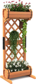 Giantex Raised Garden Bed with 2 Barrel Planters & Trellis, 2-Tier Freestanding Wooden Raised Bed for Vine Vegetable Flower Fruit, Indoor Outdoor Plant Box for Garden Yard Balcony 18" Lx14 Wx44.5 H