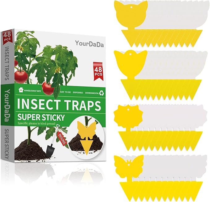 48 Pcs 4 Shapes Yellow Extremely Sticky Traps for Fungus Gnat, Fruit Fly, Fly, Whitefly, Flying Insect Catcher Traps for Houseplants, Kitchen, Indoor/Outdoor, Non-Toxic, Odorless, Pet & Kid Safe