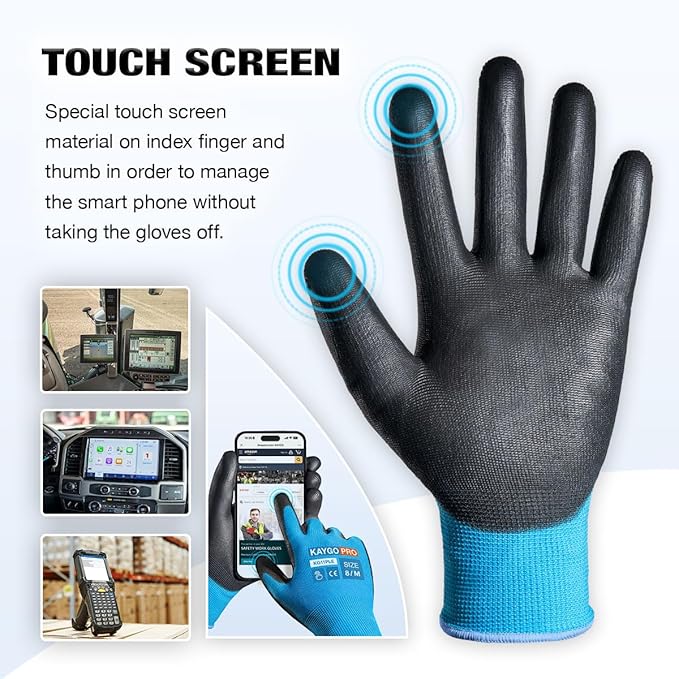 Work Gloves PU Coated for Men and Women, 12 Pairs Safety Work Gloves with Two Fingers Touchscreen, Breathable and Lightweight,Ideal for Light Warehouse, Manufacturing, Gardening, KG11P (M, Blue)