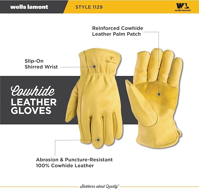Wells Lamont Leather Work Gloves for Men – Grain Cowhide, Reinforced Palm – Ideal for Construction, Farming, Ranching – Ergonomic Fit, Keystone Thumb, Elasticized Wrist – Saddletan, X-Large (1129XL)