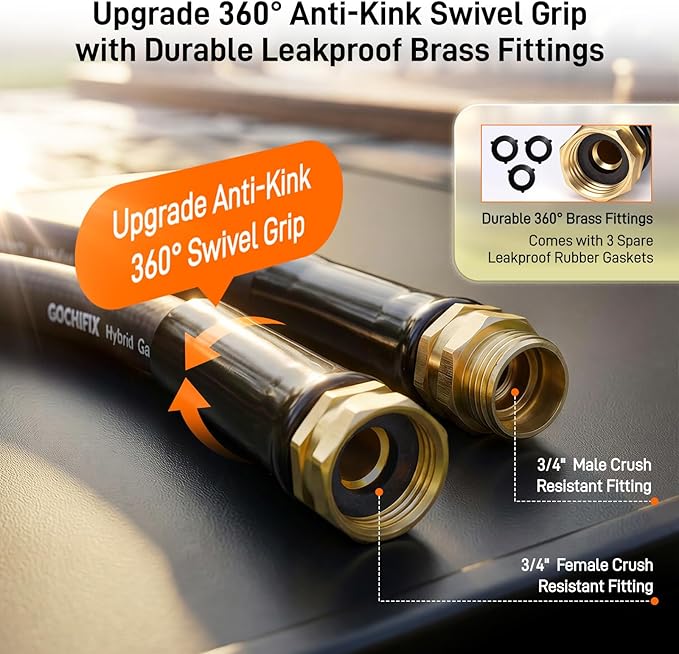 Garden Hose, 75ft 5/8" Heavy Duty Rubber Water Hose, 550 PSI Burst, 360° Anti-Kink Swivel Connectors, All-Weather Flexible, Leakproof 3/4" Brass Male to Female Fittings