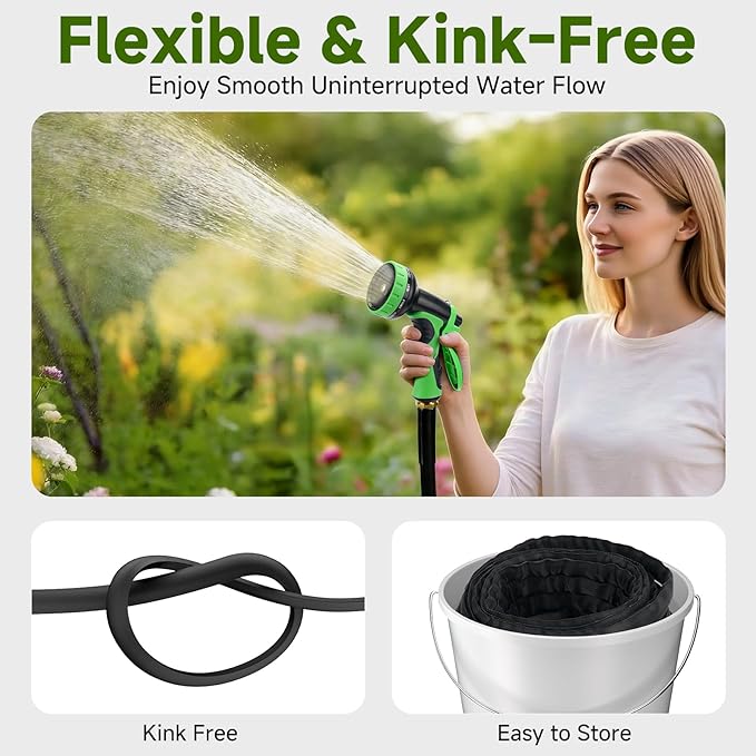 Garden Hose 75 FT, Non-Expanding Lightweight High-Pressure Water Hose with 10 Spray Nozzle, Portable No Kink Flexible Garden Hoses Pipe for Outdoor, Lawn, Yard, Car, House(500 PSI Max, 3/4" GHT)