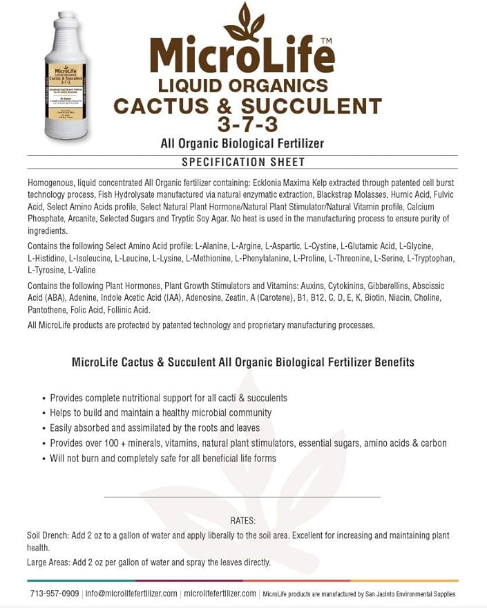 MicroLife Cactus & Succulent (3-7-3) Professional Grade Organic Liquid Fertilizer Concentrate, 1 Quart