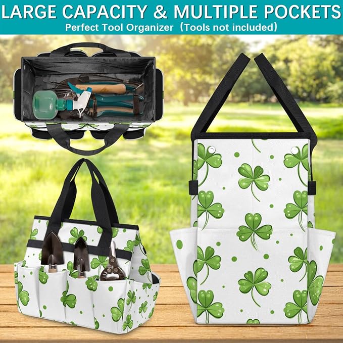 Clover Gardening Tool Bag,Heavy Duty Garden Tote Bag,Portable Oxford Leaf Gardening Storage Basket Organizer Handbag with Pockets Handle,Hand Tools Gifts for Outdoor Garden Lawn Yard