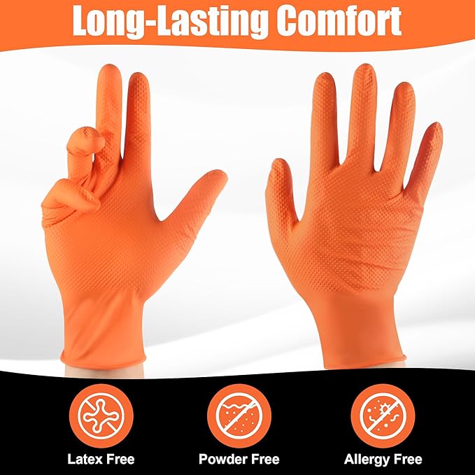 TREEGO Orange Nitrile Gloves 10 Mil Disposable Rubber Mechanic Gloves, Heavy Duty Diamond Grip for Automotive, Latex Free Industrial Work Gloves, 100 Count Large