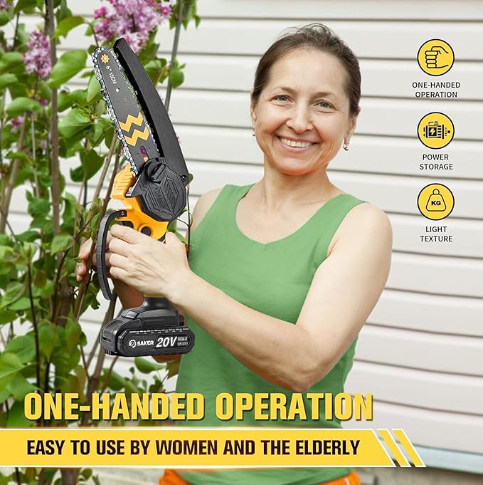 Saker Mini Chainsaw Cordless 6-Inch-Switch Security Lock-Cordless Power Chain Saws-Handheld Small Chainsaw for Cutting Wood Trimming and Woodworking- Mini Chain Saw Cordless with 1 Battery