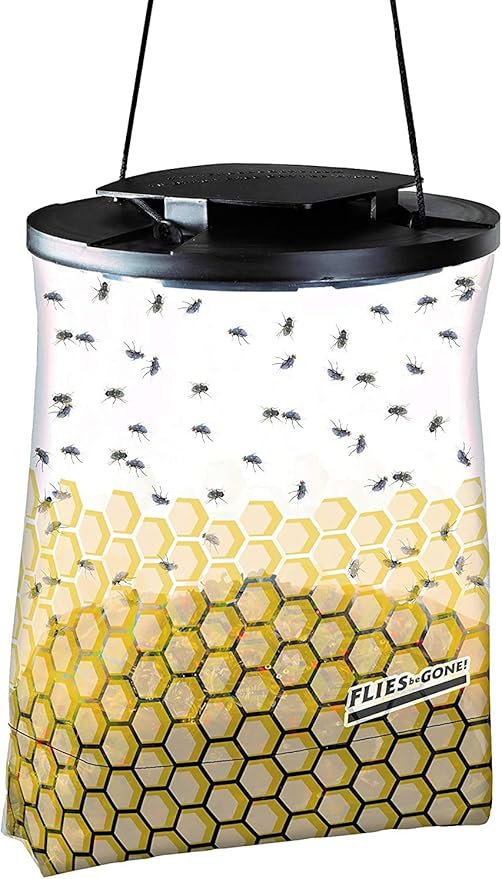 Flies Be Gone Fly Trap - Reusable Container with Patent Pending Screw Lid – Protein-Powered Attractant KM34 Fly Attractant - for Outdoor Home and Commercial Use (50 Traps)