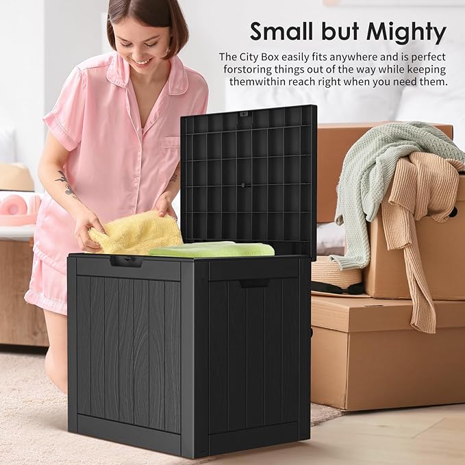 Vixzen 30 Gallon Resin Deck Box - Lockable Outdoor Storage for Patio Cushions, Garden Tools, Pool Supplies（Black，30 Gallon）