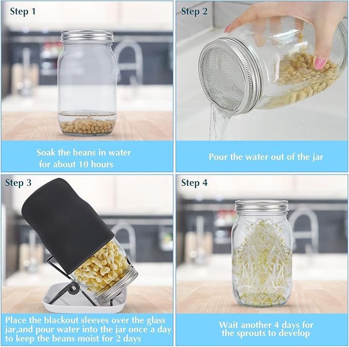 4Pack Sprouting Kit,1000ml Sprouting Jar with Mesh Lids and Stands, Microgreens Sprouts Growing Kit, Broccoli Sprouts Seeds Sprouting Jars with Screen Lids,Blackout Sleeves, Tray