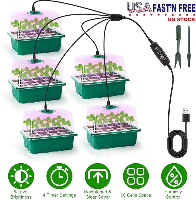 iMounTEK 5Packs Seed Starter Tray with Grow Light Humidity Dome Germination Kit with 5-Level Brightness 4 Timers for Indoor Greenhouse for Plants