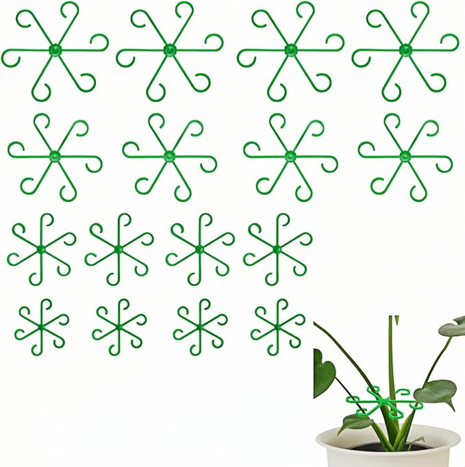 Plant Support Stakes 16-Pack, 4 Size Adjustable Green Gardening Stakes with Soft Clips, Sturdy Stem Supports for Indoor Outdoor Plants Like Monstera, Pothos, Tomatoes to Prevent Falling Over