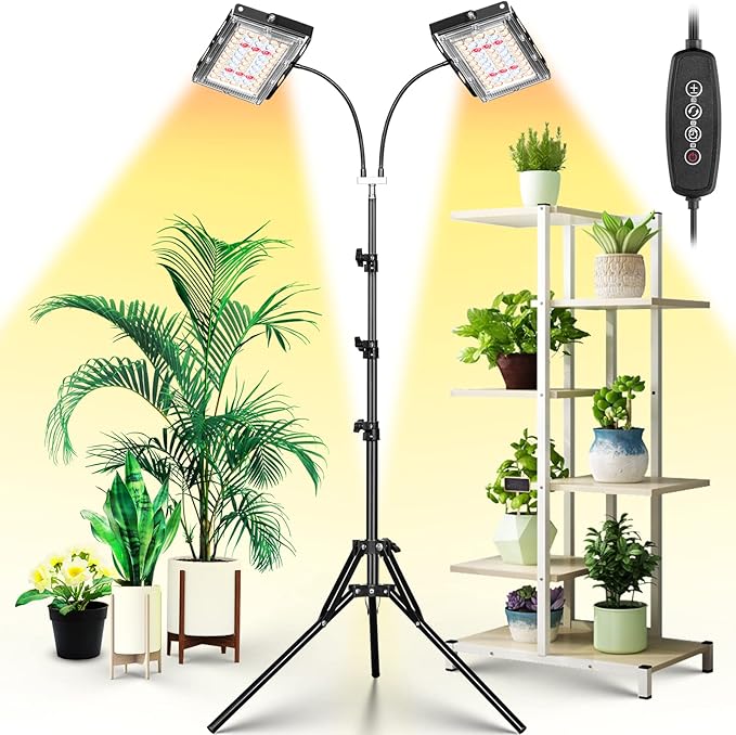 LBW Grow Light for Indoor Plants, Dual Heads Full Spectrum LED Plant Light with Stand, Auto On/Off Timer, 6 Dimmable Levels, 3 Switch Modes, Adjustable Tripod Stand 15-63 inches