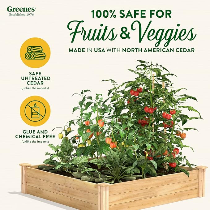 Greenes Fence Classic Cedar Raised Garden Bed, 4' x 4' x 10.5" (1/2" Thick) - Made in USA with North American Cedar