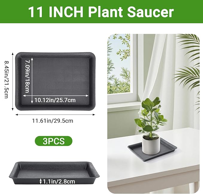 GREANER 3 Packs Plant Tray, 11 Inch Black Seed Starter Tray Rectangular, Heavy Sturdy Plant Saucer for Outdoors and Indoors Use