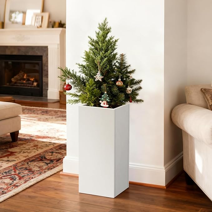 White Steel Metallic Heavy Planter for Outdoor Plants Box 14"x14"x30" Metal Planter Spliced Flower Pots with Partitions for Outside,Indoor,Garden (White, 14 * 14 * 30)