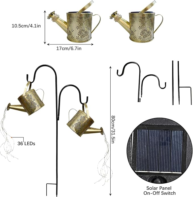 DDQ 2PC Metal Solar LED Watering Can Lights, Warm White LED Solar Lights for Backyard with Shepherd Hook, IP65 Waterproof Metal Garden Decor for Mom Family Holidays Gift