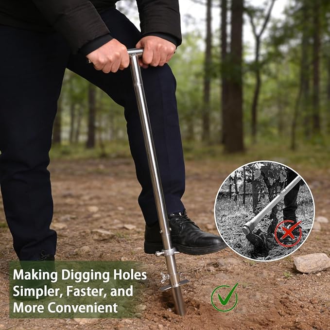 Dibble Bar Planting Tool with Foot Pedal, T-Handle Stainless Steel Bulb Planter Tool, Long Dibbler Gardening Tool Digging Bar Point