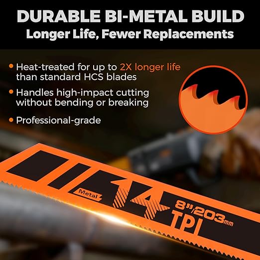 HORUSDY 10-Piece Reciprocating Saw Blades Set with Storage Case, 6" 8" & 9" Wood & Metal Cutting Blades, Bi-Metal and High Carbon Steel Saw Blades for Fast, Clean, and Durable Cutting