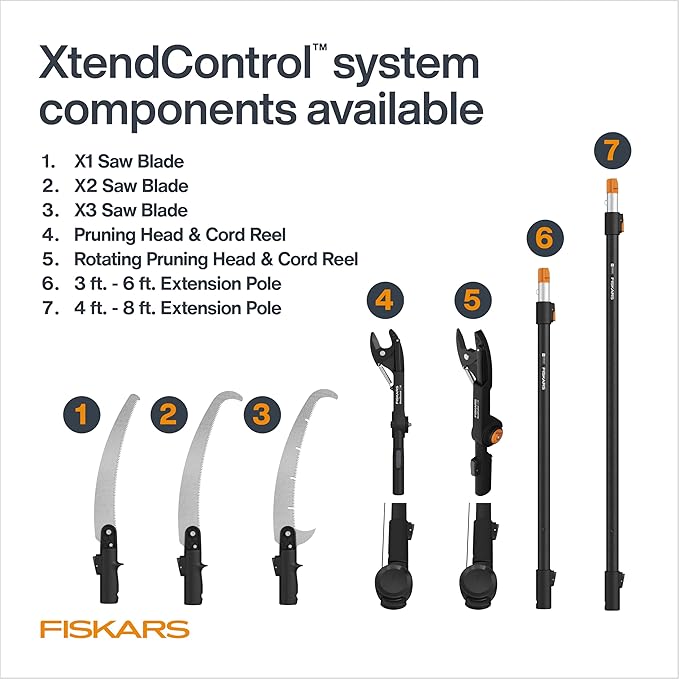 Fiskars XtendControl 12' Tree Pruner with 15" X1 Triple-Grind Saw, Two 3-6 Ft Extension Poles for Overhead Branch Trimming, Lightweight Aluminum Pole Saw with Secure Double-Locking System, Orange