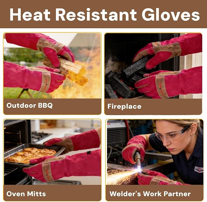 Welding Gloves for Men, Gardening Gloves Yard Work for Women, Long Sleeves Gloves for Rose Pruning, Thorn Proof, Fireproof and Heat Resistant (Rose Red, X-Small)