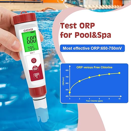 pH Meter Chlorine Tester Digital 7 in 1 Pool Water Tester Kit Salinity Tester for Saltwater Aquarium ORP Meter for Hydroponics Drinking Water Pool Water Tester pH and Chlorine for Pool Spa