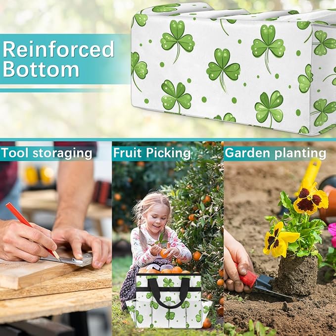 Clover Gardening Tool Bag,Heavy Duty Garden Tote Bag,Portable Oxford Leaf Gardening Storage Basket Organizer Handbag with Pockets Handle,Hand Tools Gifts for Outdoor Garden Lawn Yard