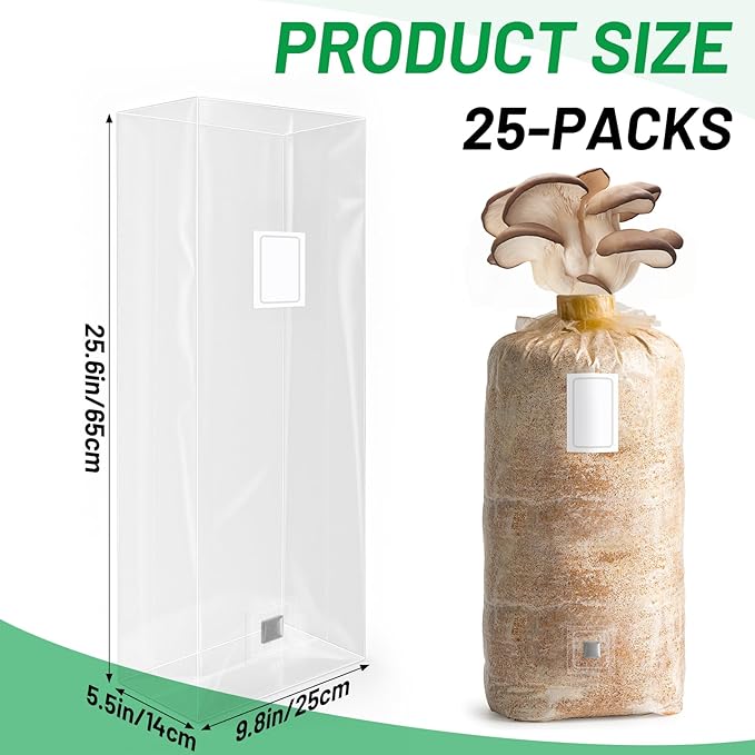 GREANER Mushroom Grow Bags 6 Mil, 9.8"x5.5"x25.6" Thick Autoclave Spawn Bags with Injection Port for Your Grain-25PCS