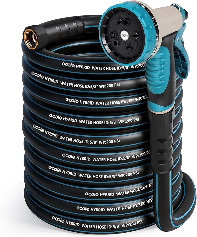 Heavy Duty Garden Hose 100 ft, NON-EXPANDABLE Water Hose with 10 Function Spray Nozzle, Lightweight Kink-less Hybrid Hose with Swivel Handle, Male to Female Fittings