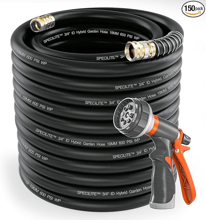 SPECILITE Garden Water Hose 150 ft x 3/4 in Heavy Duty, Flexible and Lightweight, Burst 600 psi, Kink-less Hybrid Rubber Pipe for Backyard, 3/4'' Brass Fittings, Black