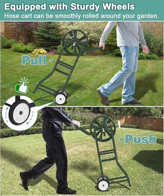 Garden Hose Reel Cart with Wheels, Outdoor Heavy Duty Powder Coated Steel Water Winder Storage Holds 125 ft 5/8" Hose with 3.9ft Leader Hose and Basket for Backyard, Yard, Lawn, Green