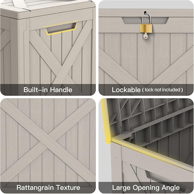 Mars Villa 31 Gallon Barn Style Deck Box, Outdoor Storage Box Waterproof, Lockable Lid, Weatherproof and UV Resistant Resin Storage Bin for Patio Furniture Cushion, Pool Supply, Garden Tool, Greige