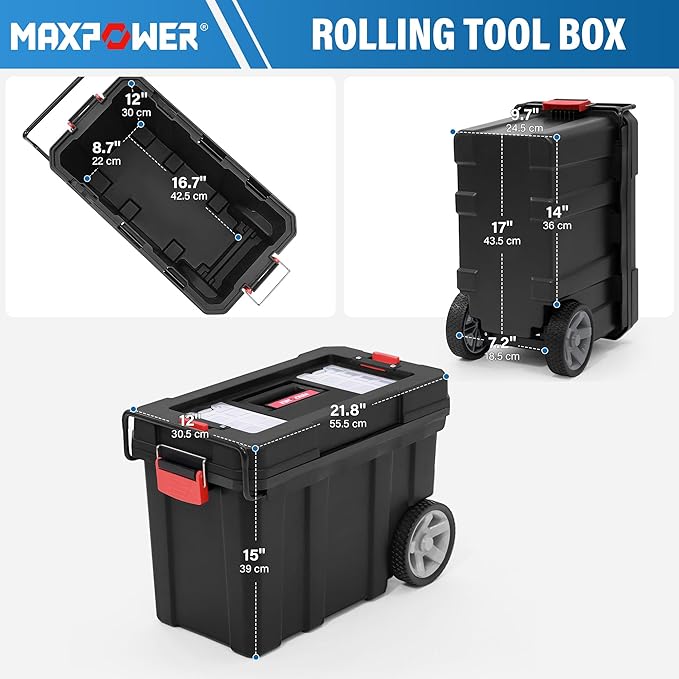 MAXPOWER Rolling Tool Box with Wheel, 8 Gallon Storage Capacity Deep Tool Box, Lockable Latches, Removable Tray, Black Toolbox