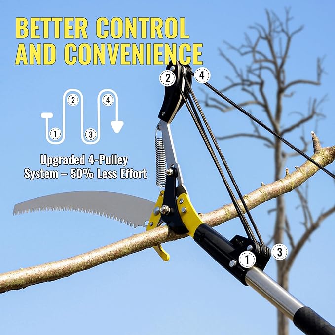14.5FT Pole Saw for Tree Trimming, 2-In-1 Manual Tree Pruner with Saw, Extendable Long Handle Pole Tree Trimmer, High Reach Limbs Branch Cutter and Pruning Shears for Yard Garden Palm Shrubs