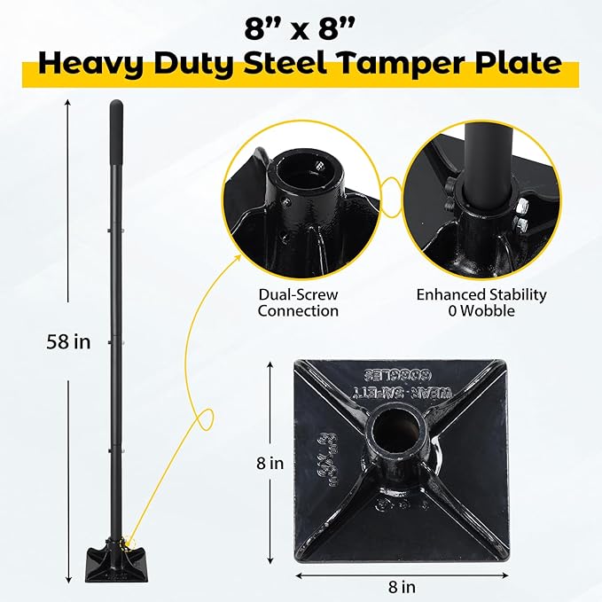Tamper Tool: Heavy Duty 8"x 8" Steel Ground Tamper Tool for Garden Yard,58" Long Handle,Metal Hand Landscaping Tampers for Dirt,Soil,Concrete,Asphalt,Driveway Repairing,Pathway Ground Leveling