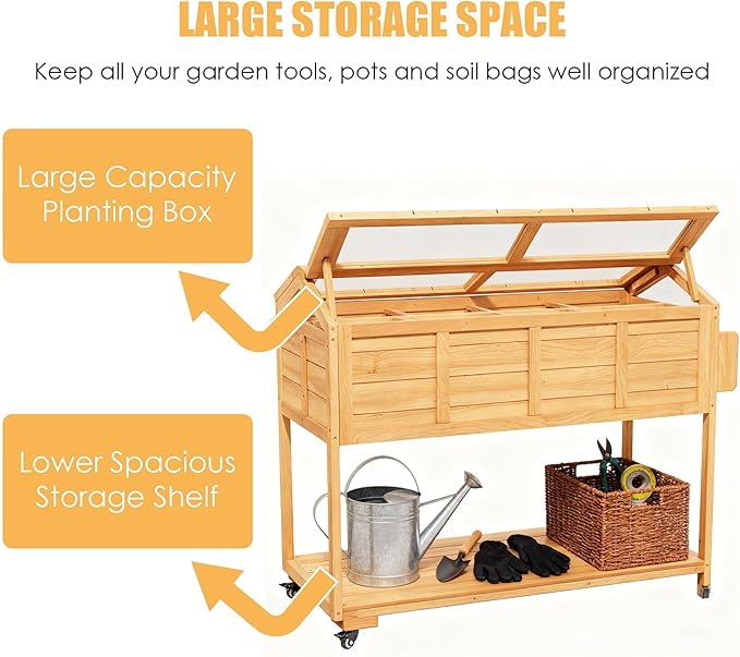 Raised Garden Beds on Wheels with Legs and Cover Elevated Herb Planter Box Cart Outdoor with Bed Liner,Storage Shelf,Seed Starter Tray for Backyard Patio Gardener Porch Outside (Country Rustic)