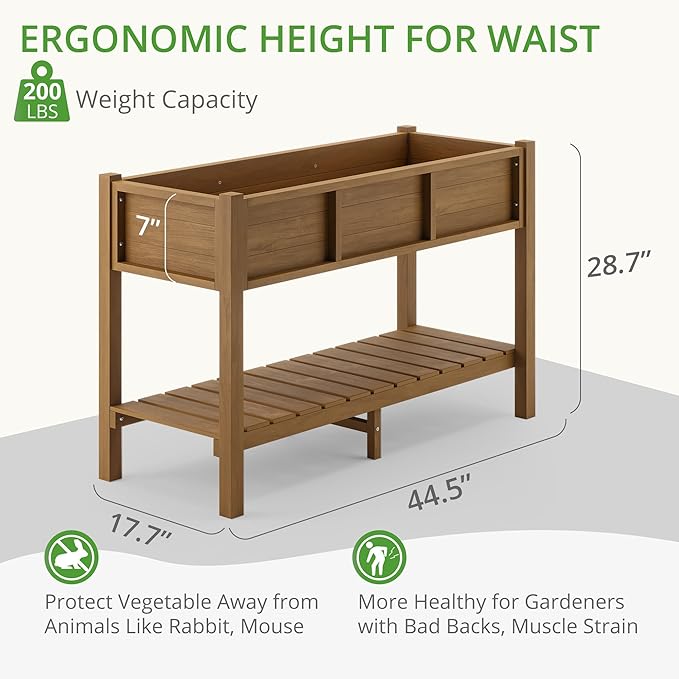 LUE BONA Raised Planter Box with Legs, 45 * 18 * 29 in, Raised Garden Bed with Tools and Storage Shelf, Weather Resistant, 3-Year Warranty, Standing Growing Bed Herb Planter for Vegetable, Brown