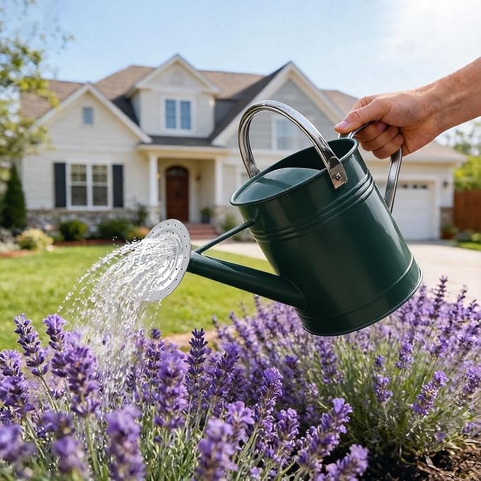 Metal Watering Can for Outdoor Plants, 1.7 Gallon Dark Green Garden Watering Can for Flower, Houseplants, Galvanized Finish